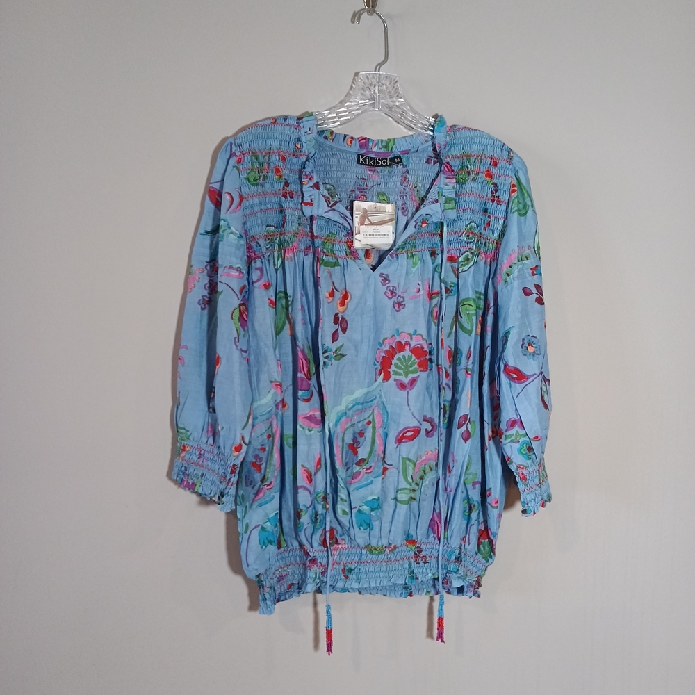 Kikisol Periwinkle Ceylon Smock Top with Tassels Size M New